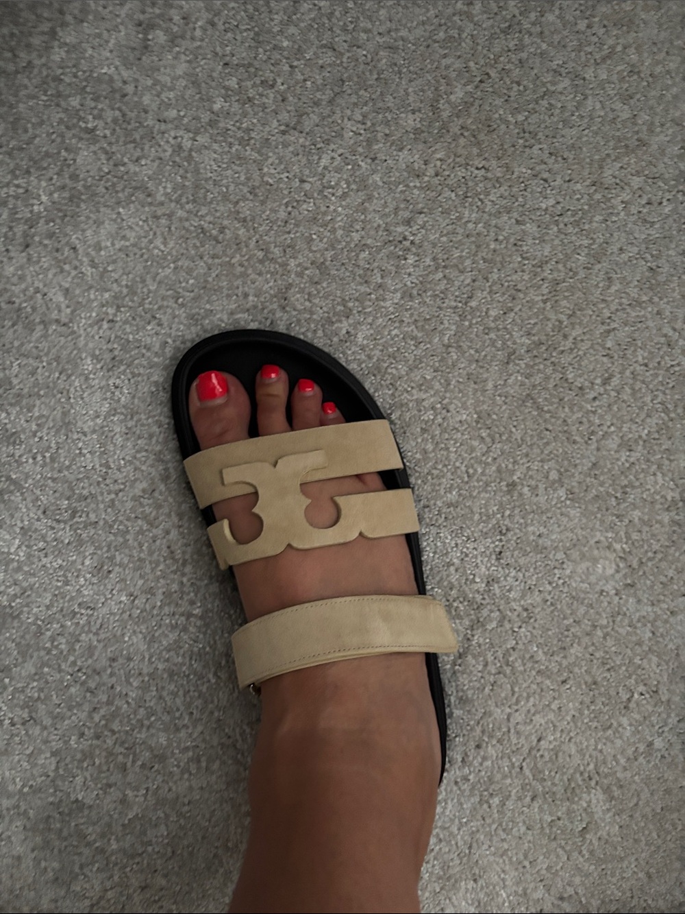 Tory Burch Beige Suede Dual-Strap Sandals with Black Footbed - Picture 2 of 6